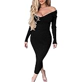 BEAGIMEG Women's Sexy Long Sleeve Off Shoulder Knit Bodycon Long Dress