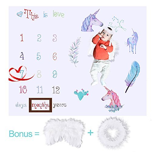 JCSHHUB Baby Monthly Milestone Blanket Photo Props Unicorn Photography Backdrop Swaddling Large Size Newborn/Growing Boy & Girl +Angel Wings & Halo