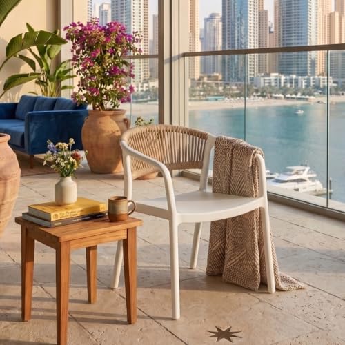 MARCOLO Chair with Arms, Outdoor Plastic Dining Armchair, Weather & UV Resistant Patio Chair for Balcony, Garden, Kitchen & Indoor Outdoor Use, Modern Rope-Style Design, 41x53.5x82cm (White)