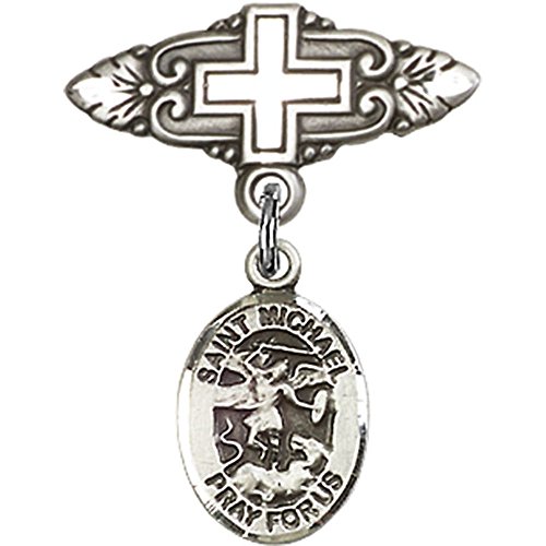 Sterling Silver Baby Badge with St. Michael the Archangel Charm and Badge Pin with Cross 1 X 3/4 inches