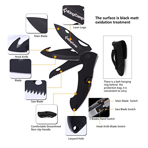 KingCamp Tactical Survival Multifunction Stainless Steel Folding Knife Liner Lock, Hollowing-Out Handle & Belt Clip for Outdoor Camping, Emergency