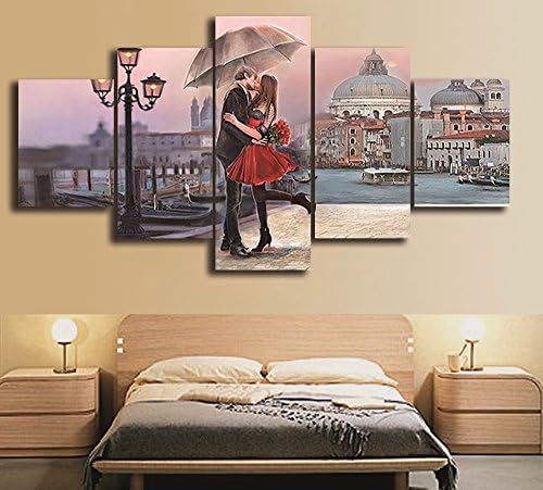 Romantic Kissing Lovers, 5 Panels No Frame Canvas Painting Church Scene HD Print Poster Home Modern Living Room Decor(No Frame) (8x12inx2+8x16inx2+8x20inx1, No Frame)