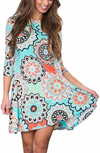 ANDUUNI Womens 3 4 Sleeve Print Tunic Shirt Dresses Round Neck Print Tunic Midi Dress with Pockets (L, Blue)
