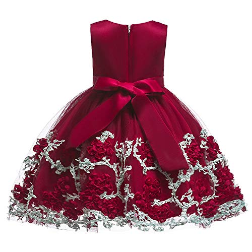 Flower Dresses Girls Infant Baby Toddler Princess Tulle Lace 3D Sleeveless Tea Length Tutu Formal Ball Gowns Dress 3-6 Months Wine Red