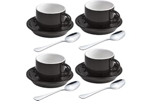 homEdge Premium Espresso Shot Cups and Saucers Set with Espresso Stainless Steel Spoons - 2.5 oz, Set of 4, Black