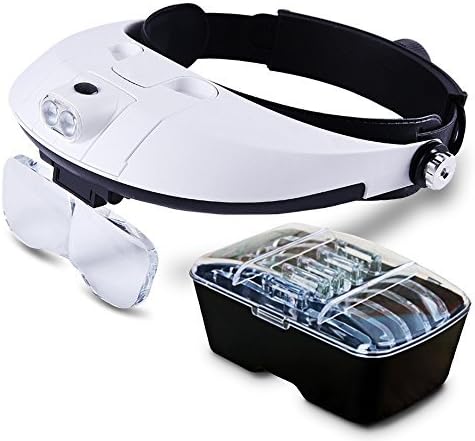 Illumination Headset | Head Mount Magnifier Headband LED Lamp Light with 5 Prime Replaceable and Interchangeable Magnifier PC Lenses : 1.0X, 1.5X, 2.0X, 2.5X, 3.5X | Fit Any Head Size, Black and White