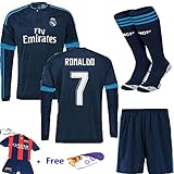 Barcelona Kids Jersey 2015/2016 Football Soccer #7 Away Blue Real Madrid long sleeve jersey & shorts &socks & free key chain & Free face cloth Kids 3-14 Yrs