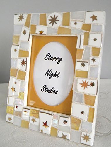Mosaic Picture Frame - Iridescent Gold and White - Stained Glass and China Tiles