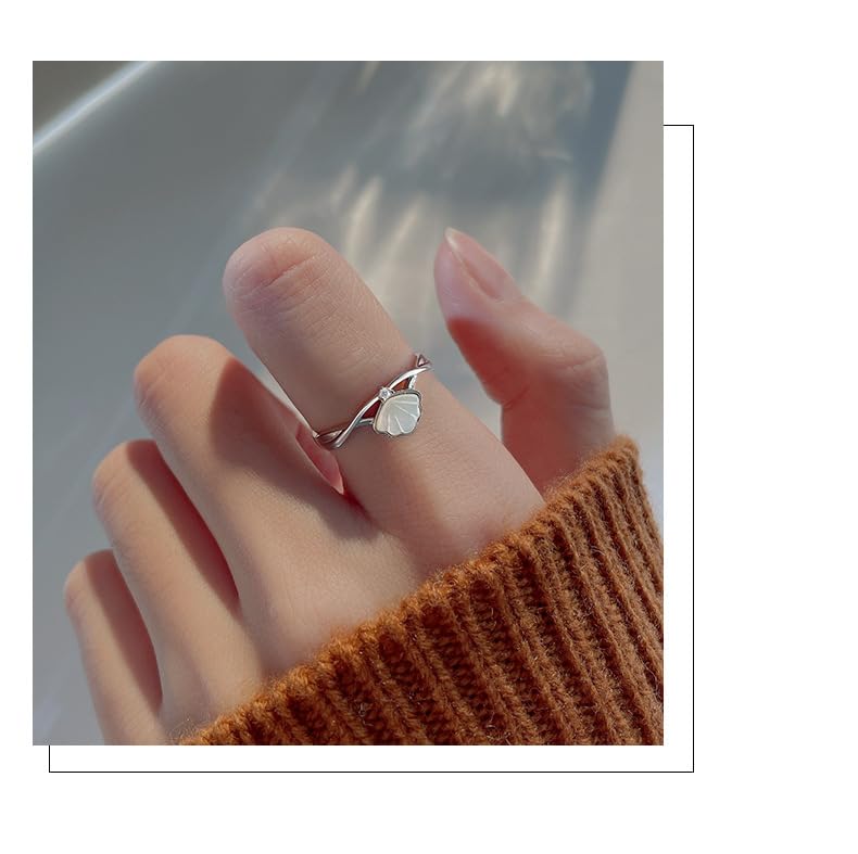 ZDIFDIC 925 Sterling Silver Shell Stackable Ring - Adjustable Seashell Ocean Nautical Knuckle Midi Ring for Beach Lovers