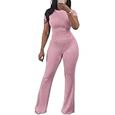 HBQ Women Two Piece Outfit Ribbed Short Sleeve V Neck Polo Top and Flare Pants Casual Lounge Sets Tracksuit