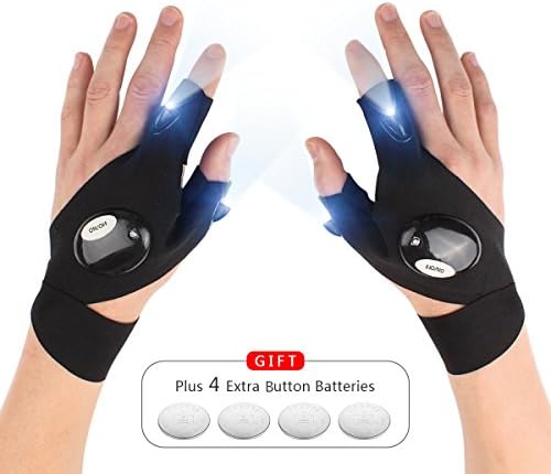 LED Flashlight Fingerless Gloves, 2 LED Flashlight Magic Strap Gloves, for Repairing and Working in Darkness Places, Fishing, Camping, Hiking with 4 Free Extra Batteries (Left and Right Hand)