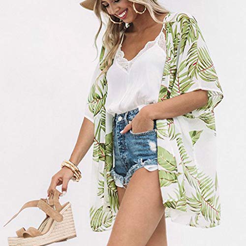 Women Casual Floral Short Sleeve Chiffon Kimono Shawl Sheer Cover Up Top - Thumbnail 2