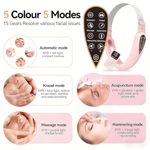 Masajeador eléctrico V-Face Shaping + electroestimulador versión 2026 | Eliminador y tonificador de papada | Masajeador facial EMS, fototerapia roja y azul, 5 modos de terapia + mando a distancia