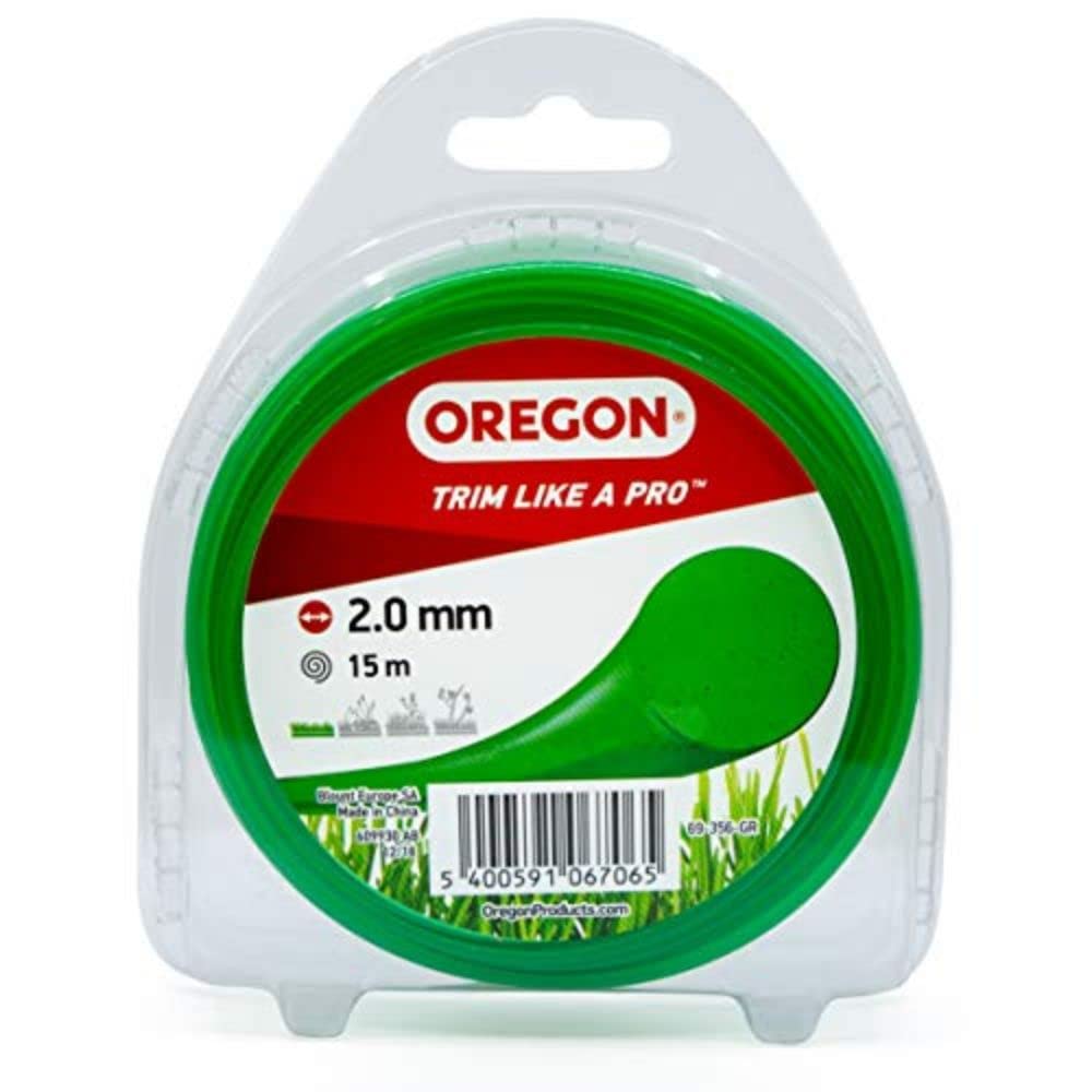 Oregon Green Round 2mm Strimmer Line, Trimmer Line Tackles Grass, Weeds, Lawn Edges & Flower Beds, Gardening & Lawn Care Nylon Strimmer Wire, Fits Most Standard Models, 2.0mm x 15m (69-356-GR)