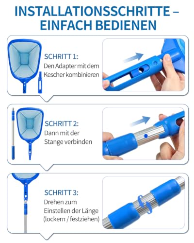 MRUN BONE Pool Kescher Feinmaschig Poolkescher 150 cm Poolnetz mit Teleskopstange Fein Netz für Pool, Schwimmbad, Teich, Aufstellpool, Planschbecken, Algen, Aufblasbarer Pool