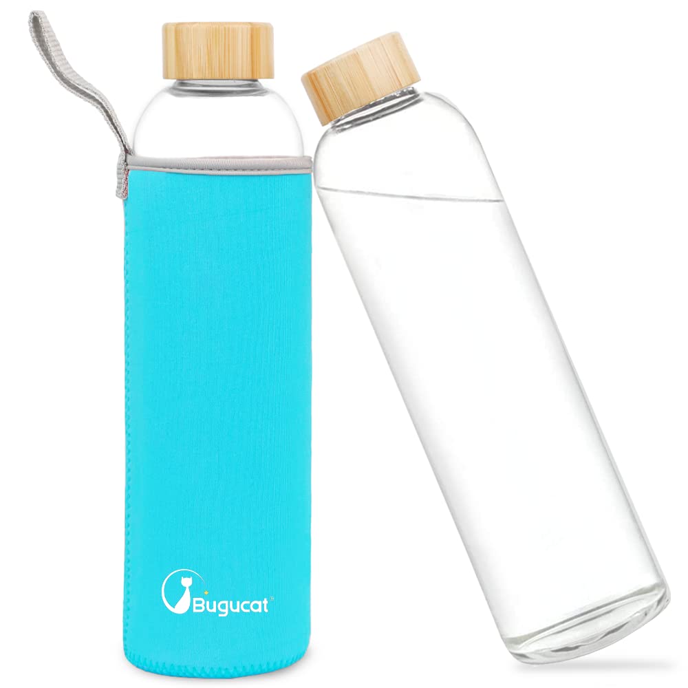 Bugucat Borosilicate Glass Water Bottle 1000ML, Reusable Bamboo Lid Drinking Bottle with Protective Sleeves,Juice Beverage Container BPA-Free Leak Proof for School Sport Yoga Gym Hot Cold Drinks
