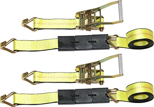 DKG-304 Yellow Heavy Duty Double J Hook Wheel Strap with Ratchet - Over Tire Wire Hook Car Hauler Tie Down - Auto Transporter Trailer Strap with Steel Ratchet - Working Load Limit of 3330 LB (2 Pack)