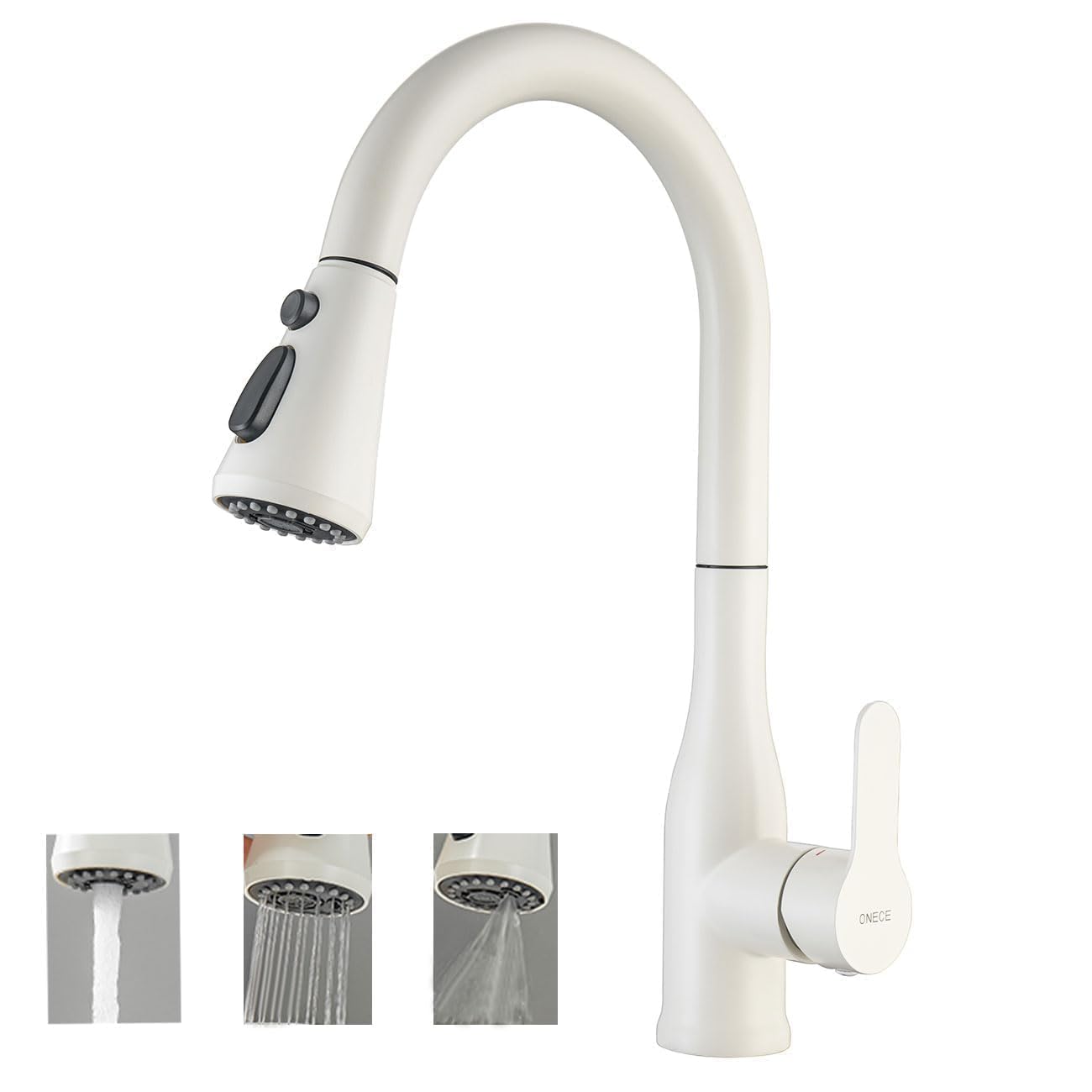 ONECE White Modern Kitchen Faucet with Pull-out Sprayer, 360° Swivel, Stainless Steel, Ceramic Valve Core