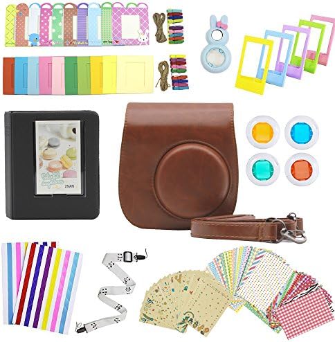 Hamsing Fujifilm Instax Mini 8/8+ Accessories, 12 in 1 Camera Bundles Set Include Camera Case/Album/Selfie Lens/Colored Filters/Hang Frames/Film Frames/Border Stickers/Corner Stickers/strap (Brown)
