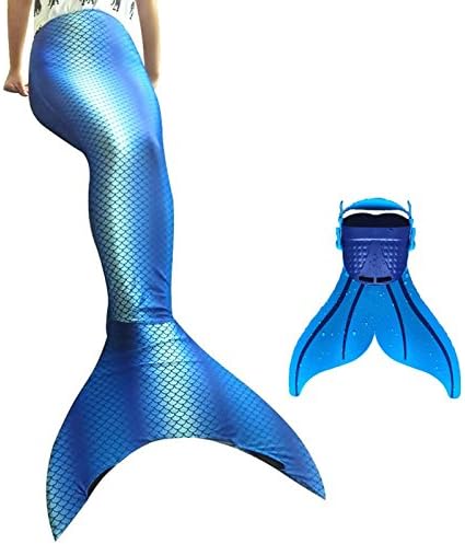 LB Girls 2Pcs Swimsuit Mermaid Tail & Fin Swimwear Swimmable Costume for Swimming (Dark blue tail + blue stripes fins, Age10,130cm)