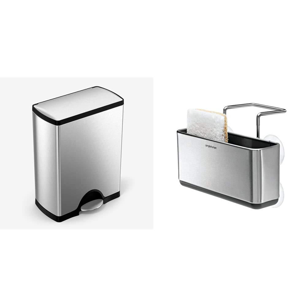 simplehuman 50 Liter Rectangular Step Trash Can and Slim Sink Caddy Sponge Holder, Brushed Stainless Steel