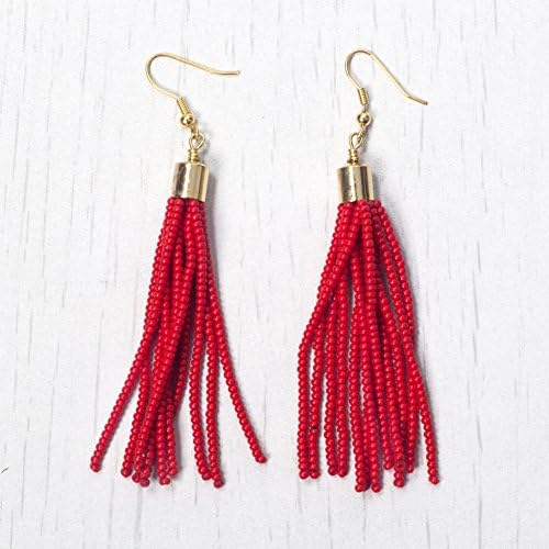 Beautiful Red Seed Beaded Tassel Earring with Shiny 16K Gold Plated Brass Findings, E1