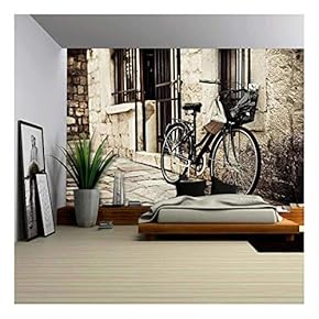 Old Bicycle with Basket and Shopping Bag, Parked in The Narrow Cobble Street - Removable Wall Mural | Self-Adhesive Large Wallpaper - 66x96 inches
