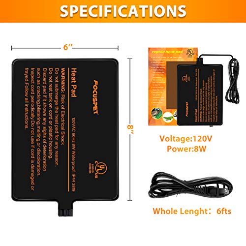 FOCUSPET Under Tank Heater, Reptile Heating Pad 6''x 8'' Waterproof UTH