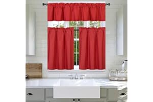 GENERIC 3Pc Set Solid Faux Silk Lined Blackout Rod Pocket Small Kitchen Window Curtain with Valance (K3) (RED)