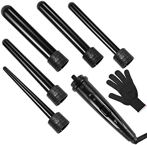 MADAMI PRO 5 In 1 Curling Iron Wand Set with 5 Interchangeable Ceramic Tourmaline Barrels(0.35-1.25 inch), 2 Adjustable Heat 250 F 430F with Heat Protective Glove, Dual Voltage (Black)