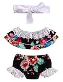 Newborn Baby Girls Strapless Lace Ruffle Floral Tube Top and Shorts Outfit with Headband (0-9M, Black)