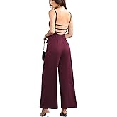 OYOANGLE Women's Backless Sleeveless Jumpsuits Wide Leg Rompers Spaghetti Strap Overalls Summer Outfits