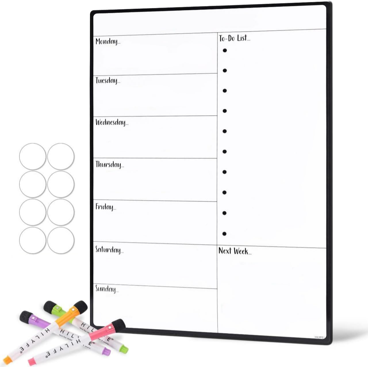 HILYFE Weekly Planner Whiteboard A3 - Magnetic Meal Planner for Fridge, Cupboard & Wall with 4 Dry Erase Markers - Task Planning and Event Reminder Notice Board