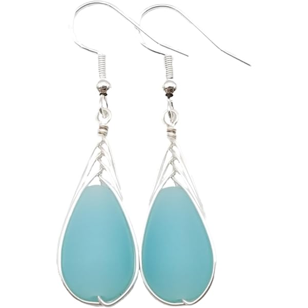 Sea Glass Earrings Dangle Sterling Silver Wire Wrap Drop  Handmade Sea Glass Teardrop Earrings, Silver Wire Braided, Beach Jewelry main image 1