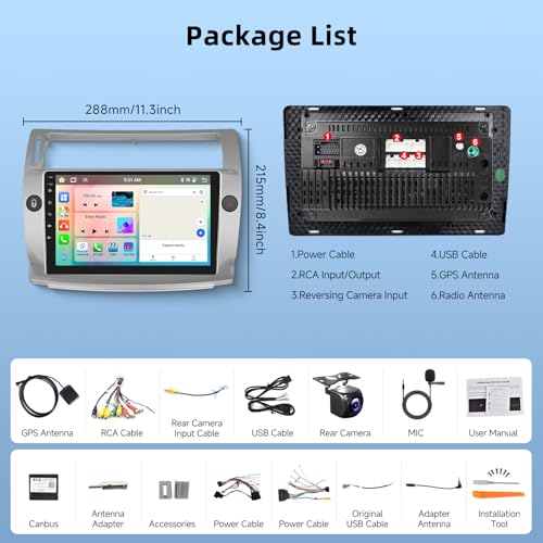 【8 Core 6+128G】 Hodozzy Carplay Car Radio for Citroen C4 2004-2009, 9 Inch Touch Screen Android Car Radio with Android Auto/WiFi/GPS/RDS/FM/Bluetooth/USB/DSP