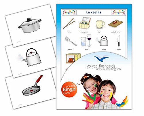 Kitchen Flashcards in Spanish Language - Flash Cards with Matching Bingo Game for Toddlers, Kids, Children and Adults - Size 4.13  5.83 in - DIN A6