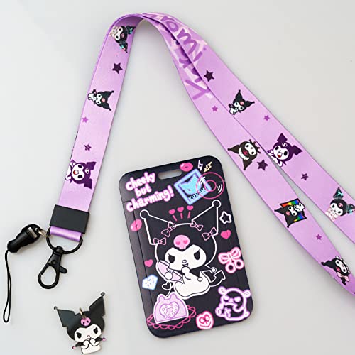 Cartoon Lanyard ID Holder Kawaii Cat Key Card Cute Badge Holder with Lanyards for Girls Women Gift (Purple)