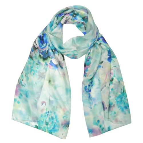 Wrapables Luxurious 100% Charmeuse Silk Long Scarf, Dreamy Blue Flora