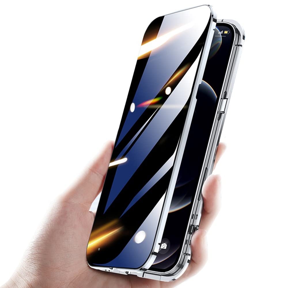 HENGHUI Lockable Anti Peeping Case for iPhone 14 Pro Magnetic Glass Case with Camera Lens Protector Privacy Screen Glass Protector Bumper Case Anti peep Cover with Lock (Silver)