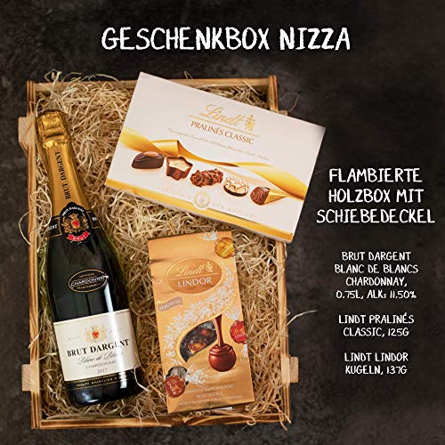 Geschenkset Nizza | Geschenkkorb gefüllt mit Sekt Brut Chardonnay, Lindt Pralinen & Holzkiste | Schokoladen Präsentkorb… – Bild 3