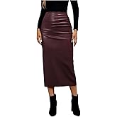 winkbay Women's Faux Leather Ruched Midi Skirt Elegant High Waisted Bodycon Slit Pencil Skirts