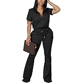HBQ Women 2 Piece Outfits Sweatsuit Set Casual Lapel Zip Up Jacket Wide Leg Pant Lounge Set Tracksuit-XXL-Solid Black