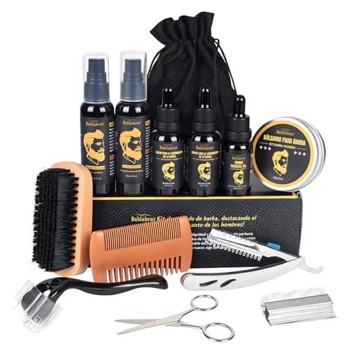 Kit Barba 13 en 1 para Hombre – Cuidado Completo con 2 Aceites para Crecimiento, Limpiador, Acondicionador, Sérum, Bálsamo, Rodillo, Peine y Navaja de Afeitar – Kit para Barba y Regalos para Papá y Novi