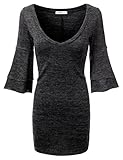 Doublju Bell Sleeve Deep V-Neck Marled Tunic Sweater Dress (Made In USA / Plus size available)