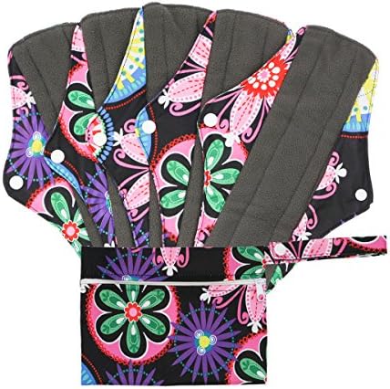 Reusable Cloth Menstrual Pads (5 Packs + Bag) with Carbon Absorbent Layer, Washable Sanitary Napkin, Overnight Panties （Butterfly Flowers） (Large)
