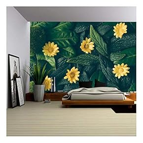 Creative Layout Made of Green Leaves and White Flower. Flat Lay. Nature Concept - Removable Wall Mural | Self-Adhesive Large Wallpaper - 66x96 inches