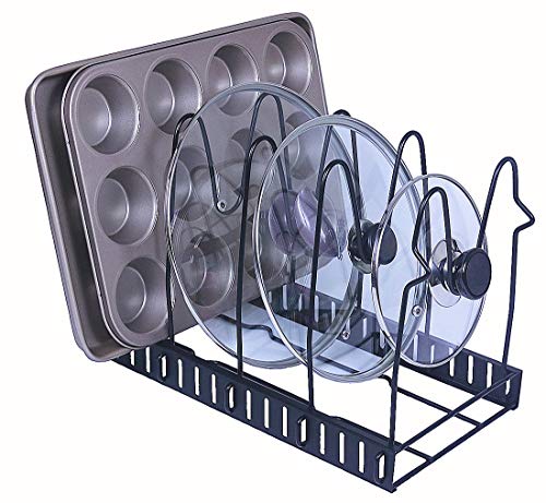 Felibeaco Adjustable Pot and Pan Lids Organizer Rack, Bakeware Cookware and Cutting boards Holder Storage Rack for Kitchen, Cabinet, Countertop and Pantry,Metal,Black
