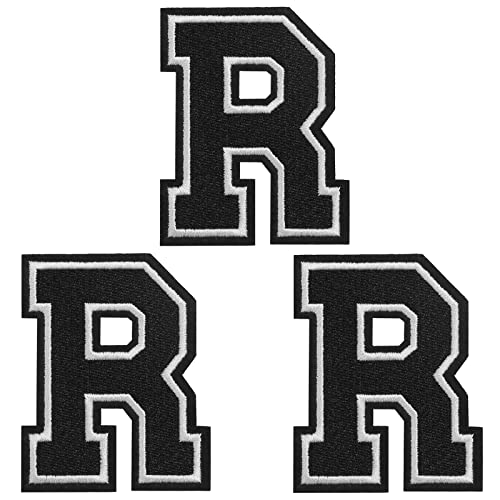 TACVEL 3 Pieces Iron on Letter Patch, Full Embroidery Letter Patch, Iron Alphabet Letter A-Z Iron on Sew on Patches for Clothes, Dress, Hat, Socks, Jeans, DIY Accessories, 3.14inch (Black, R)