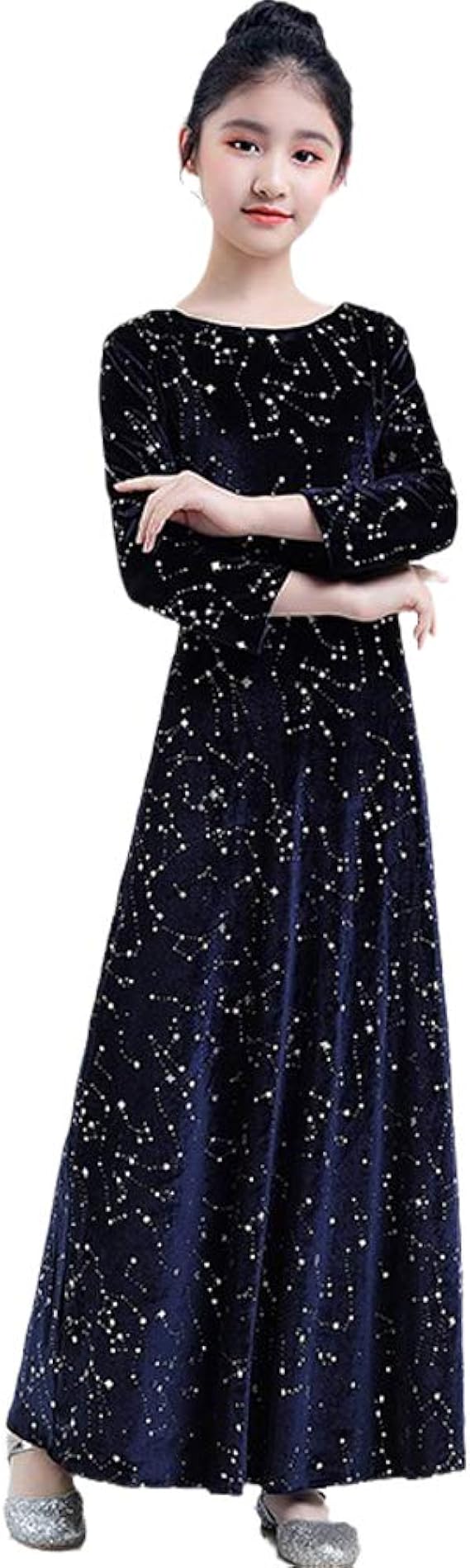 Amazon キッズ ドレス パーティードレス ベロア キラキラ お姫様 ピアノ発表会 ドレス ロング丈 ファスナー 中学生 発表 会 ワンピース 長袖 お姫様 着やせ 上品 エレガント 女の子 フォーマル 結婚式 子供 フォーマル 通販