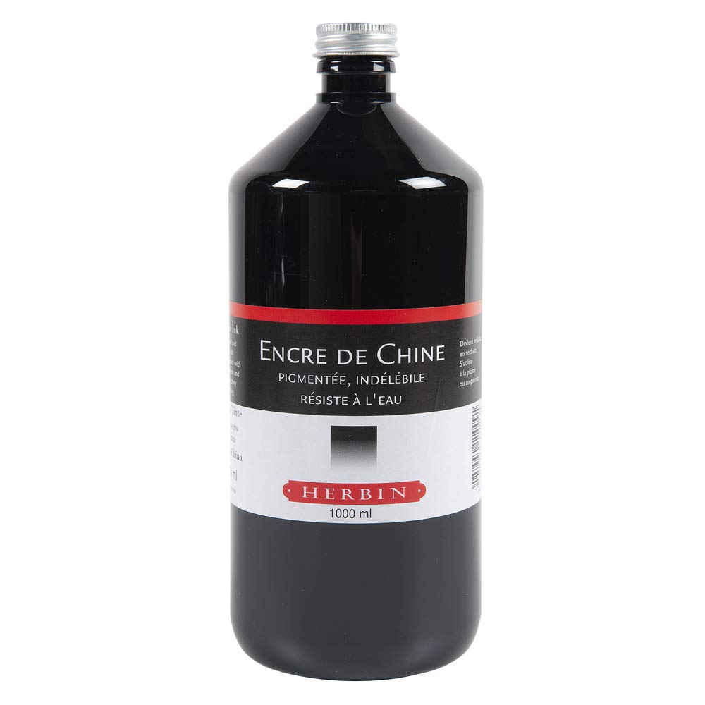 Jacques Herbin 11009T - A Bottle of Black Indian Ink, 1 Litre - Artist Tool - Calligraphy, Writing, Creative Nib Holder and Brush only - Leisure Concentrated